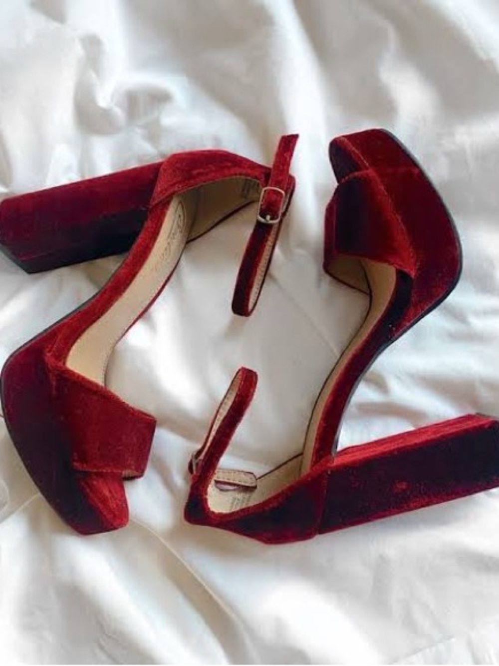 Candie's Wine Red Velvet Block Heel Sandals